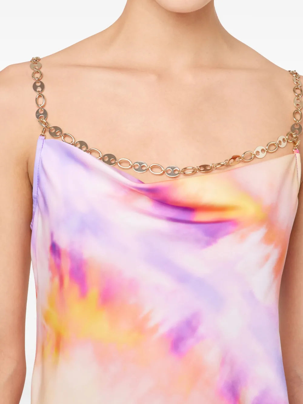 satin dress, tie and dye dress, Rabanne dress, cowl neckline, spring summer collection