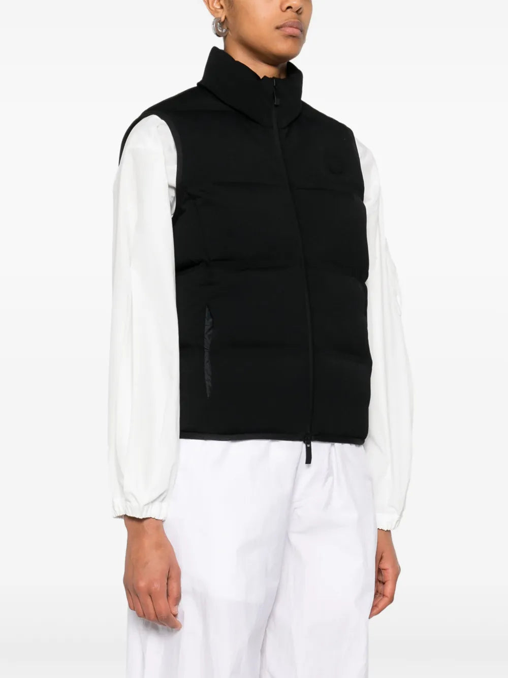 black sleeveless jacket, Moncler, contemporary design, women's outerwear, nylon jacket