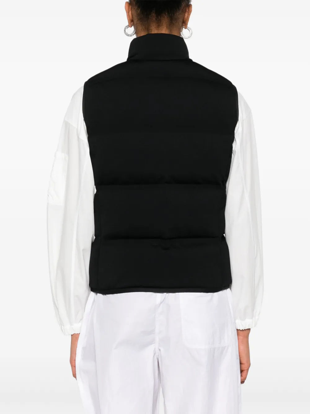 black sleeveless jacket, Moncler, contemporary design, women's outerwear, nylon jacket