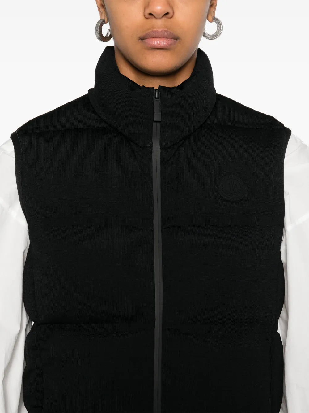 black sleeveless jacket, Moncler, contemporary design, women's outerwear, nylon jacket