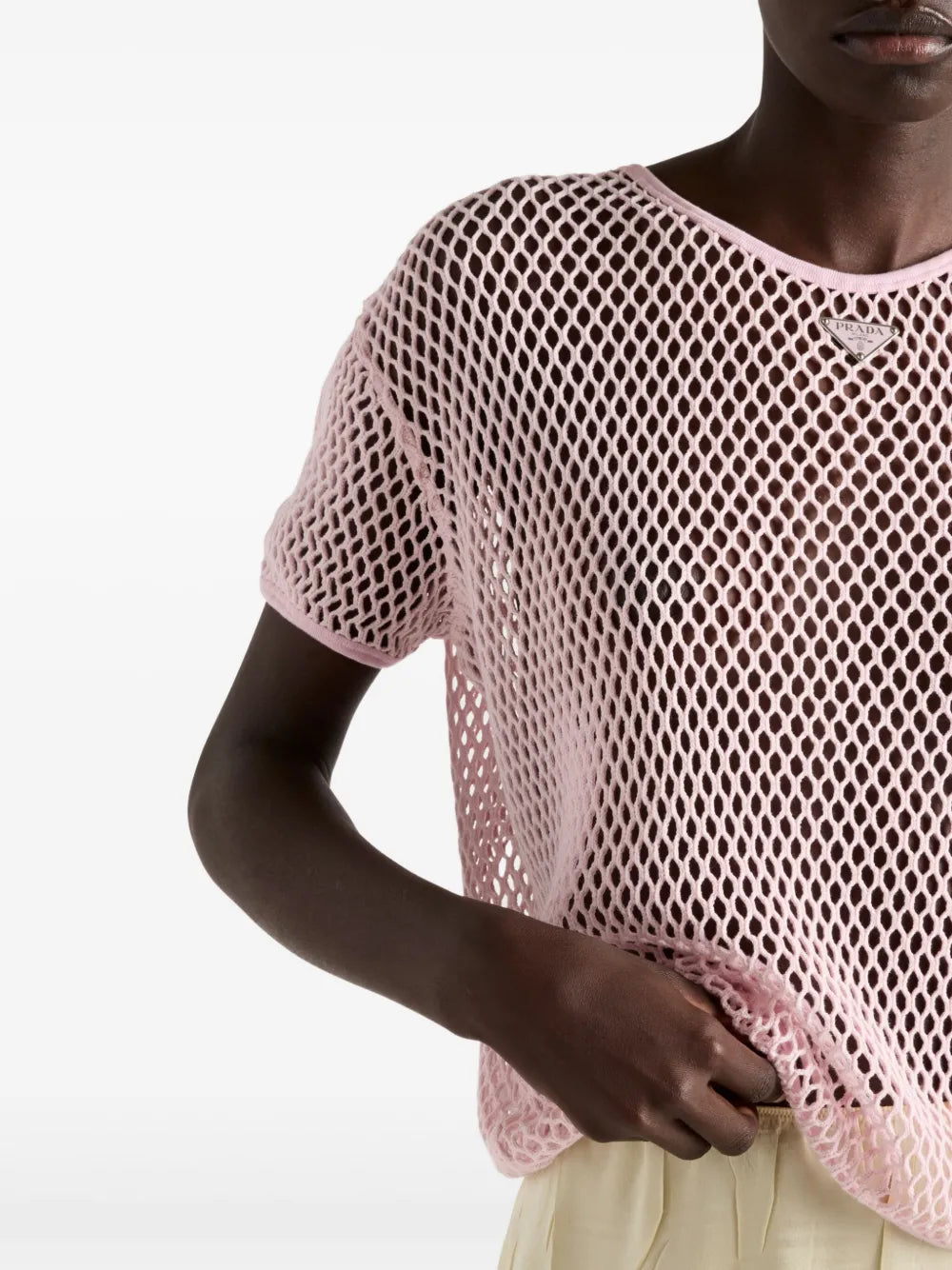 pink cotton top, mesh top, contemporary fashion, short sleeves top, triangle logo top