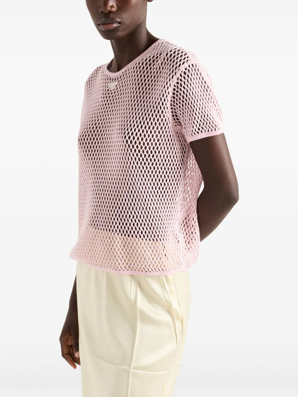 pink cotton top, mesh top, contemporary fashion, short sleeves top, triangle logo top