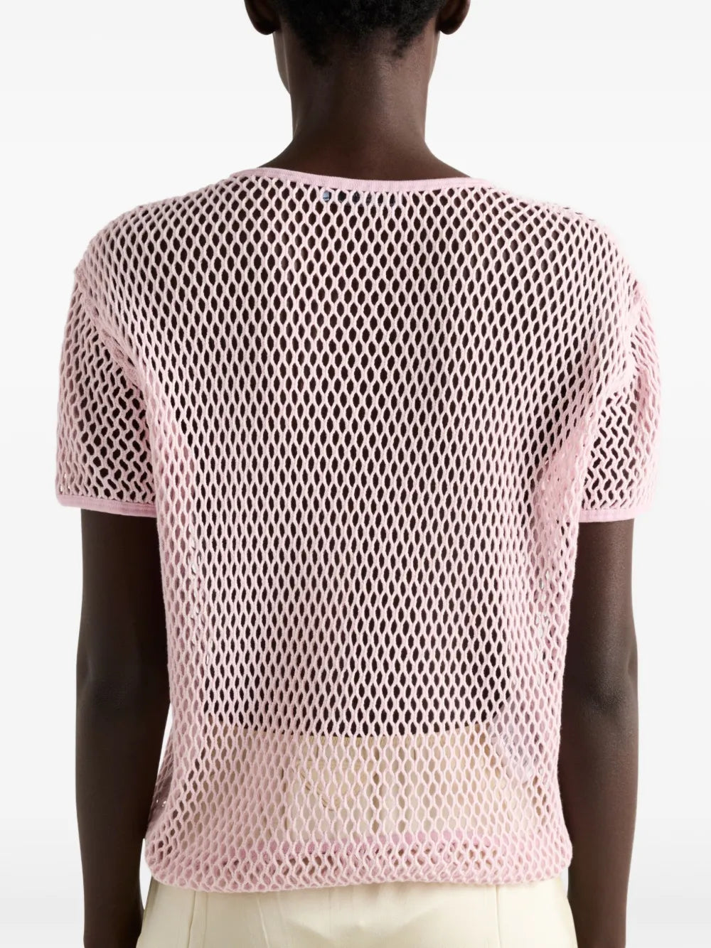 pink cotton top, mesh top, contemporary fashion, short sleeves top, triangle logo top