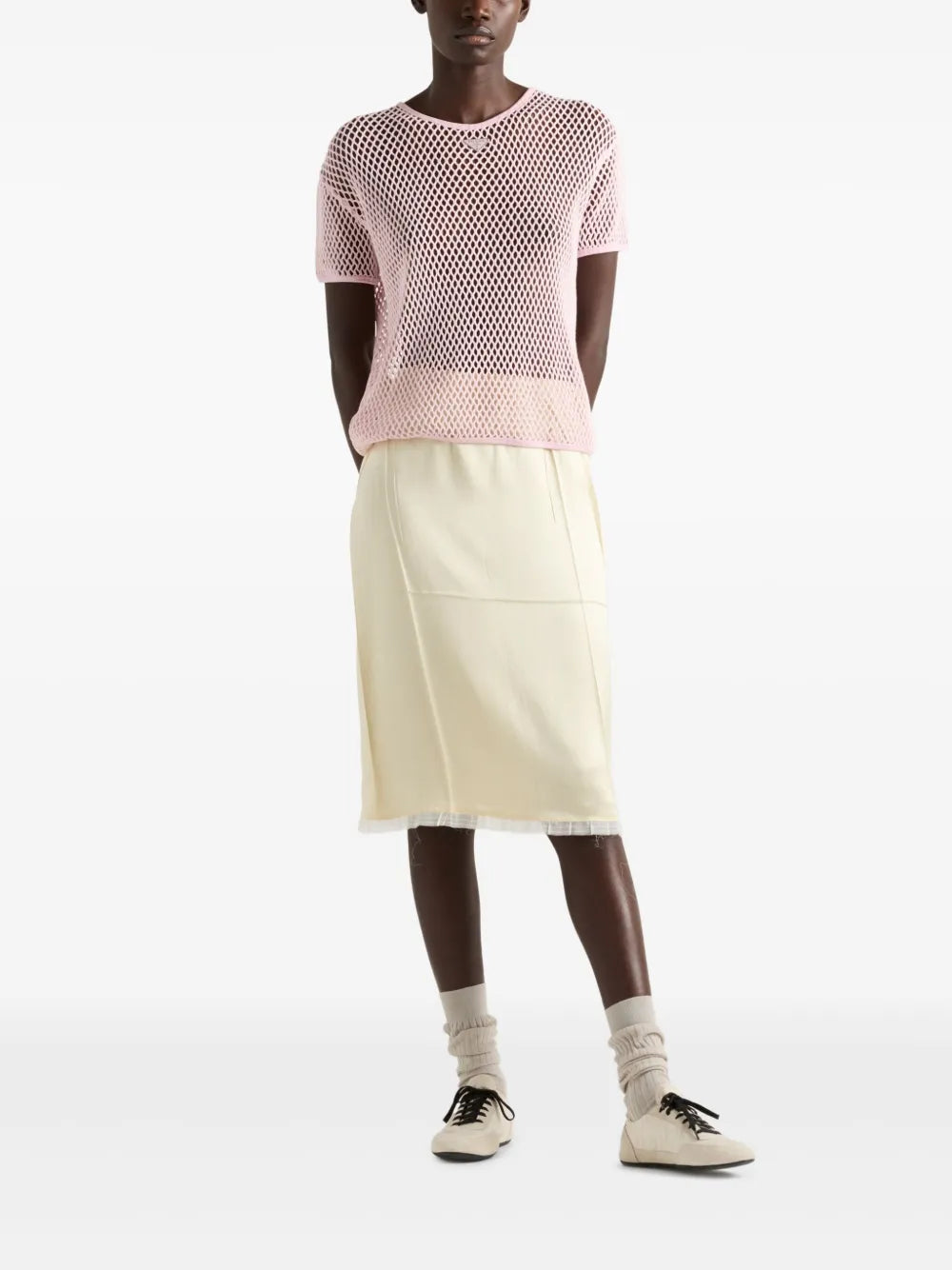 pink cotton top, mesh top, contemporary fashion, short sleeves top, triangle logo top