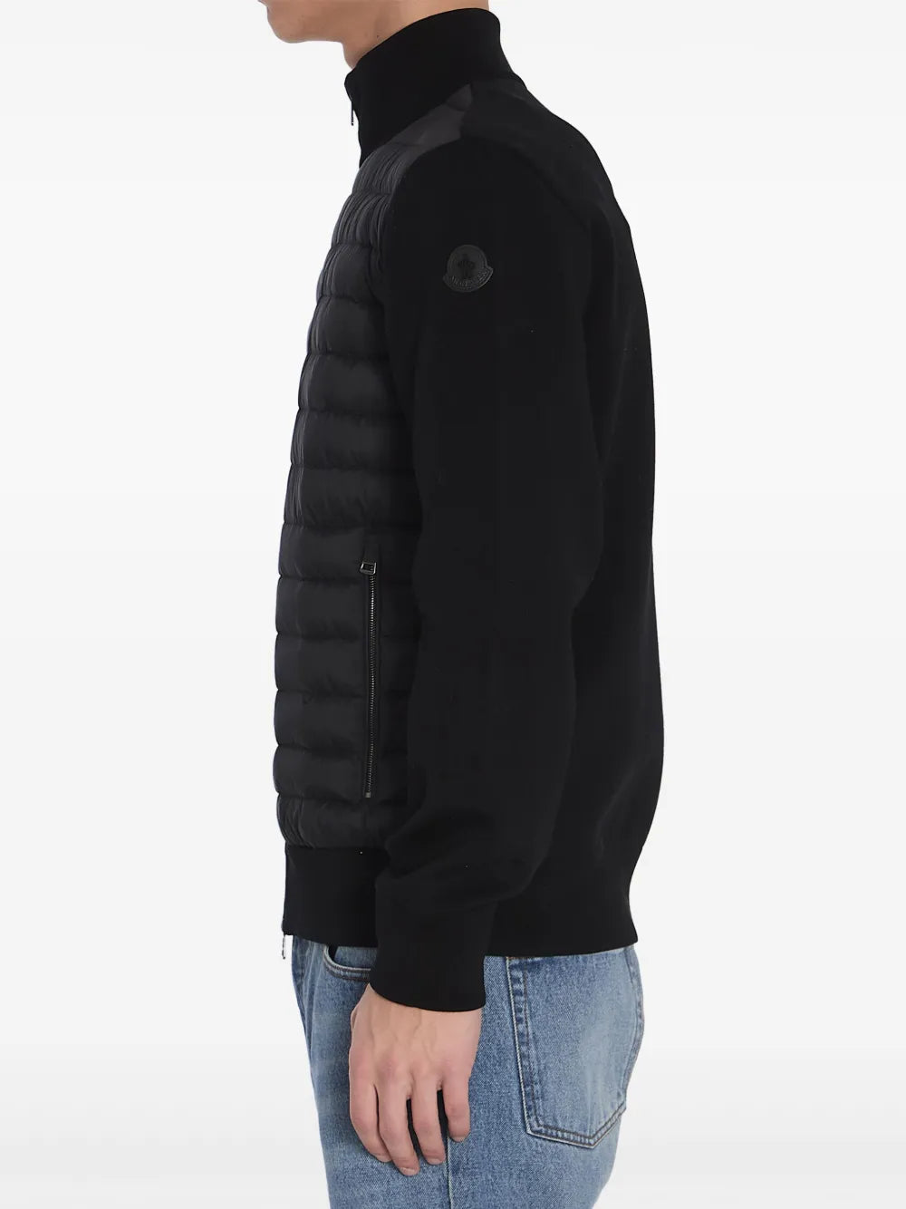black down jacket, bi-material jacket, Moncler jacket, stylish outerwear, men’s winter coat