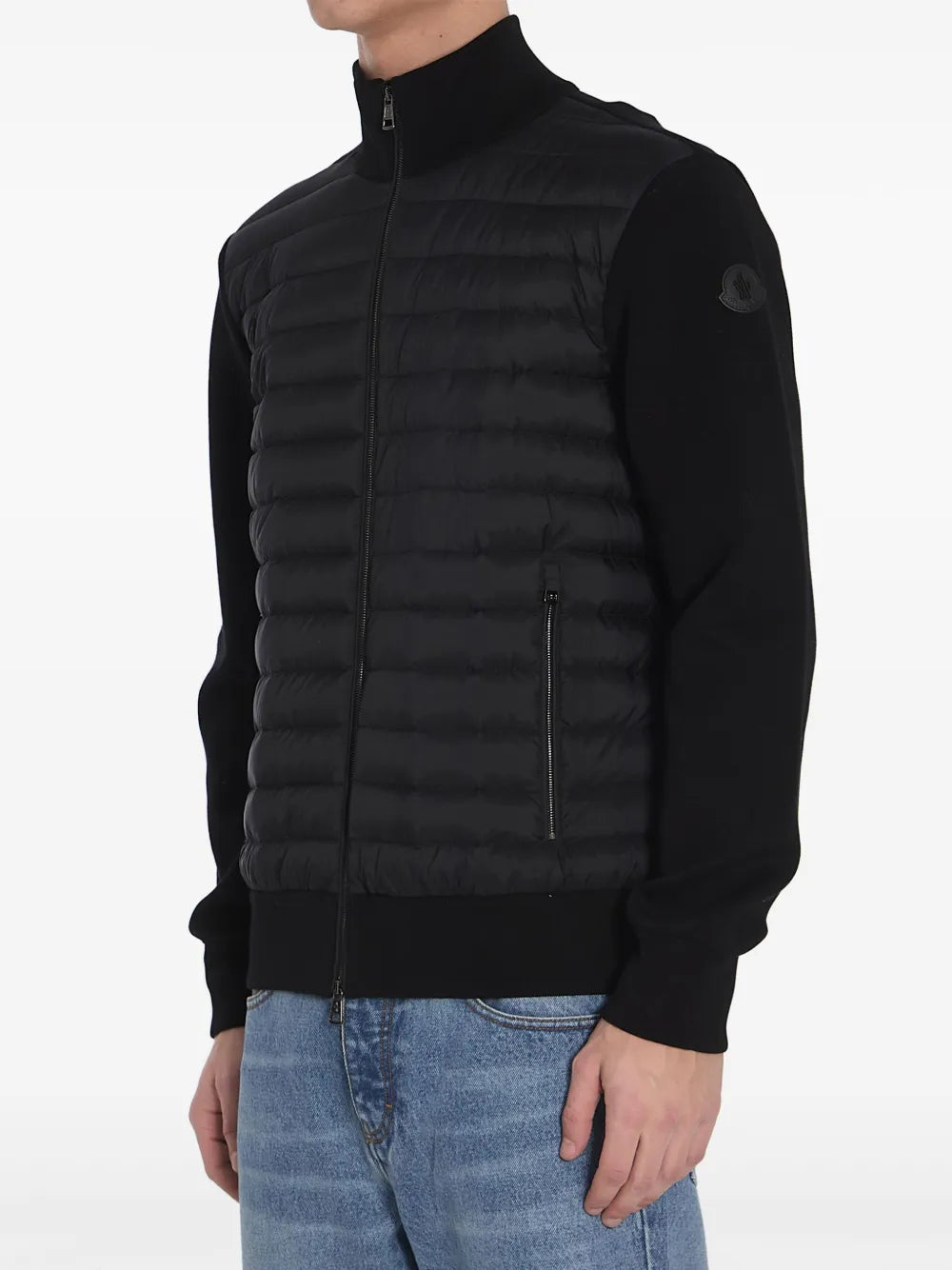 black down jacket, bi-material jacket, Moncler jacket, stylish outerwear, men’s winter coat