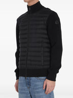 black down jacket, bi-material jacket, Moncler jacket, stylish outerwear, men’s winter coat