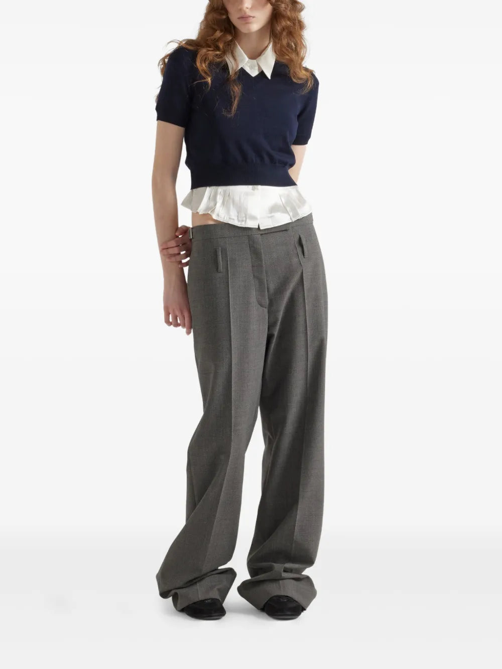 gray wool trousers, flare cut trousers, Prada trousers, women's trousers, tailored gray pants