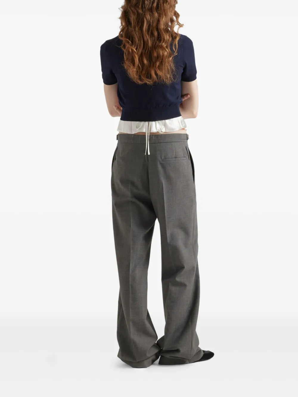 gray wool trousers, flare cut trousers, Prada trousers, women's trousers, tailored gray pants