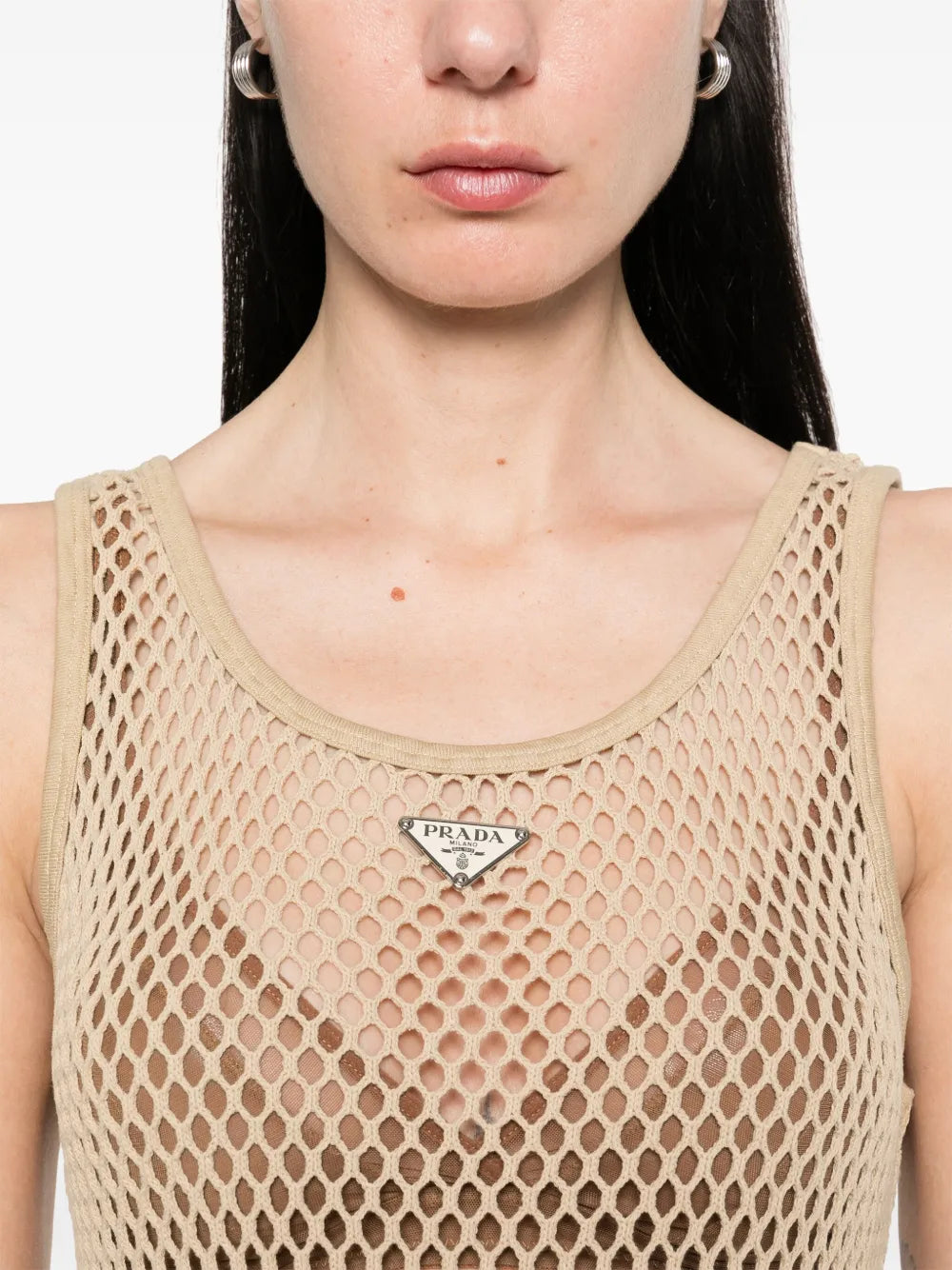 beige tank top, cotton mesh, Prada, casual wear, Spring-Summer 2025