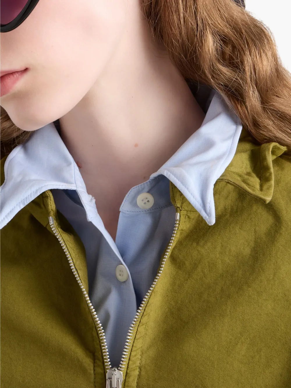 olive green jacket, poplin jacket, Prada jacket, funnel collar jacket, women's outerwear