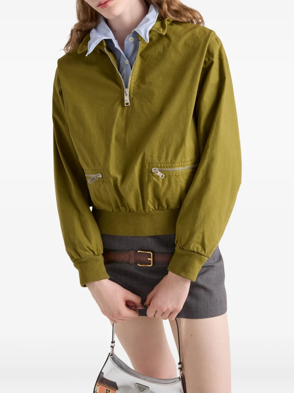 olive green jacket, poplin jacket, Prada jacket, funnel collar jacket, women's outerwear