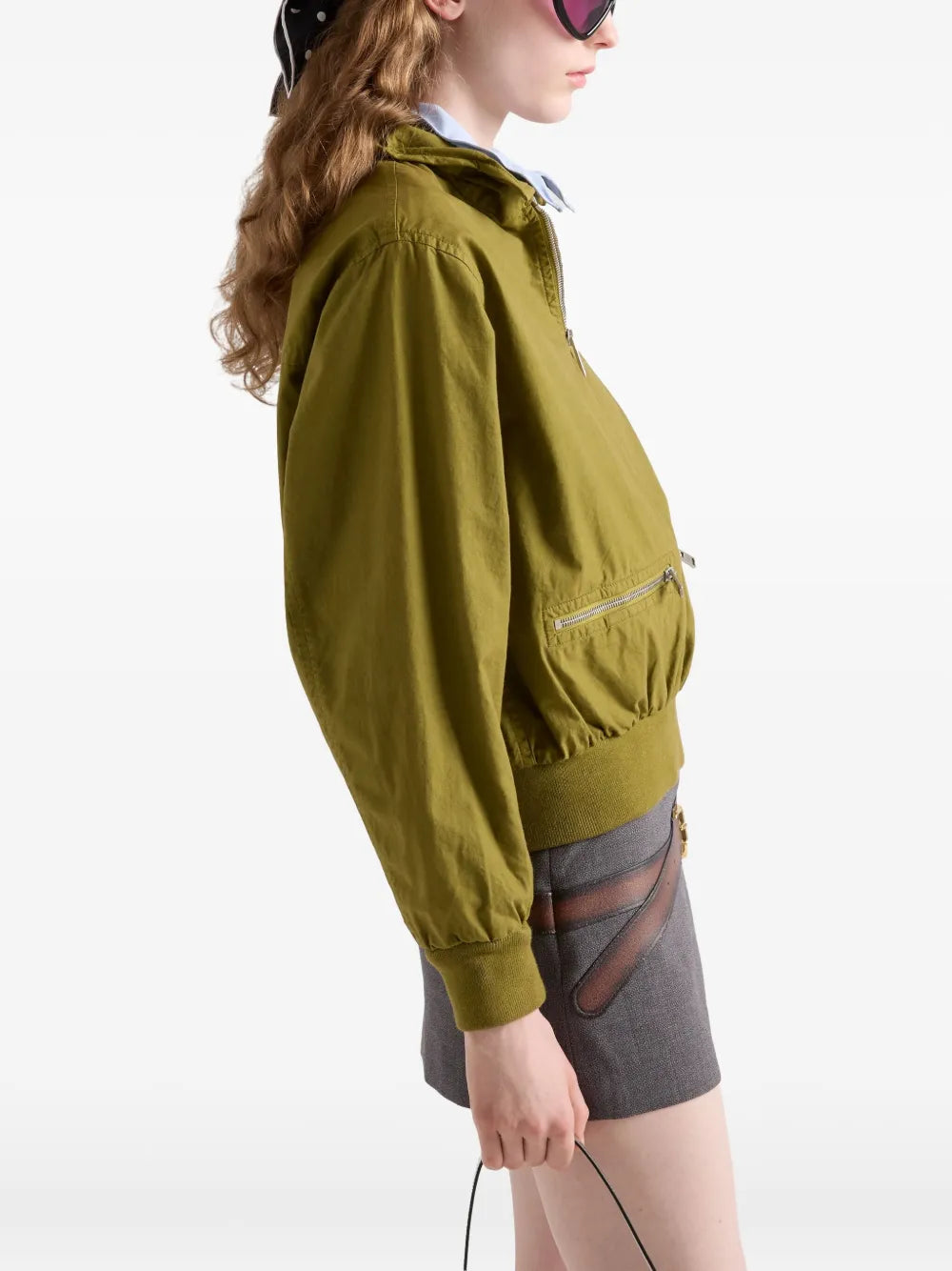 olive green jacket, poplin jacket, Prada jacket, funnel collar jacket, women's outerwear