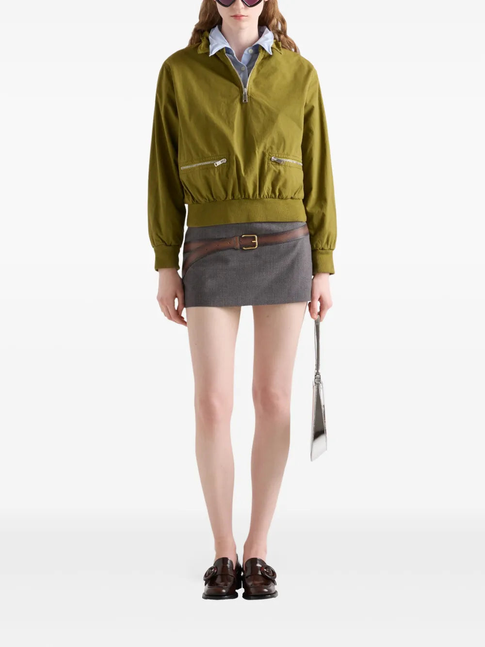 olive green jacket, poplin jacket, Prada jacket, funnel collar jacket, women's outerwear