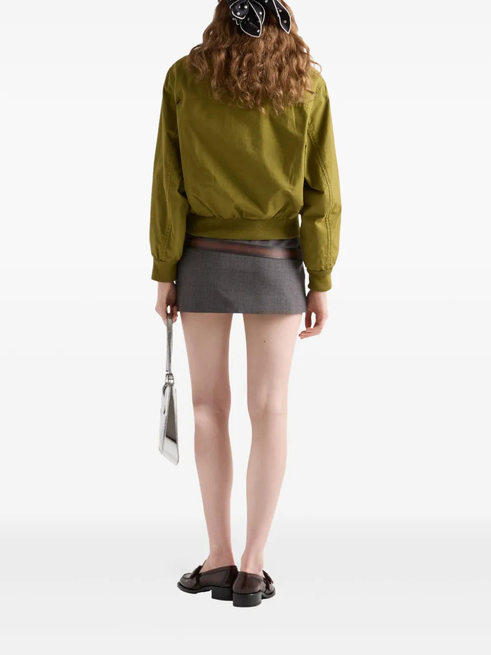 olive green jacket, poplin jacket, Prada jacket, funnel collar jacket, women's outerwear