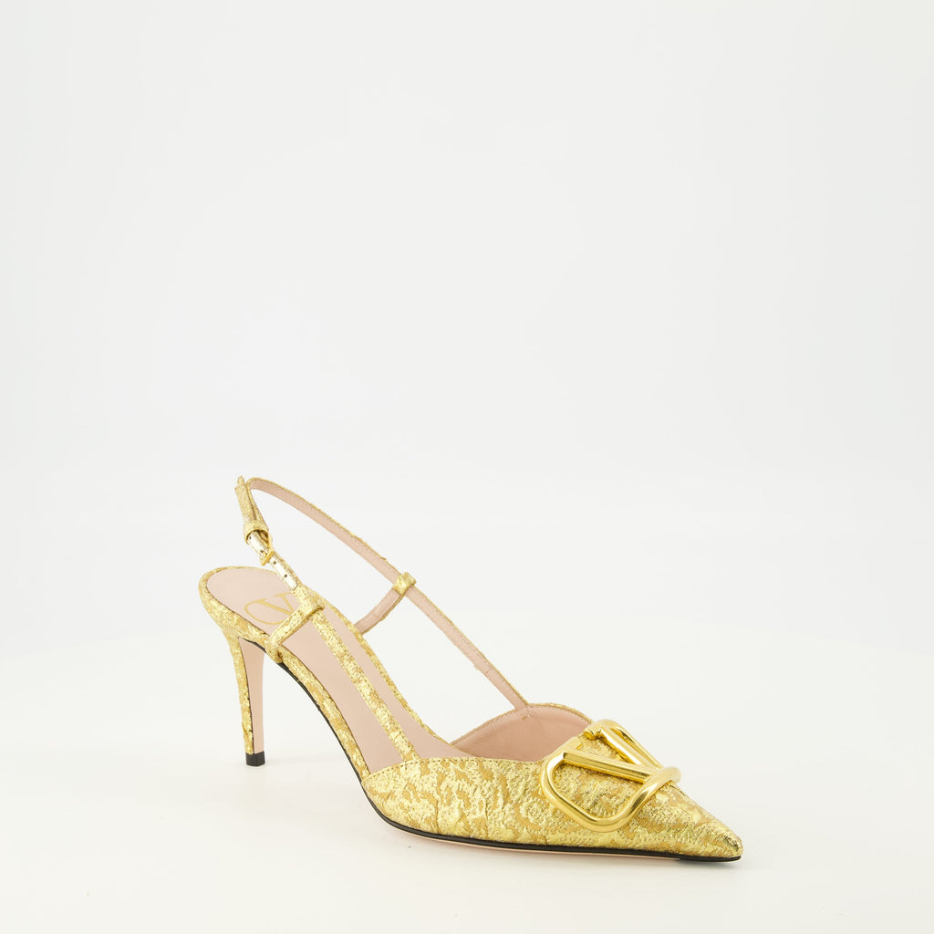 Valentino pumps, gold fabric shoes, Vlogo signature footwear, elegant ankle strap pumps, spring-summer collection