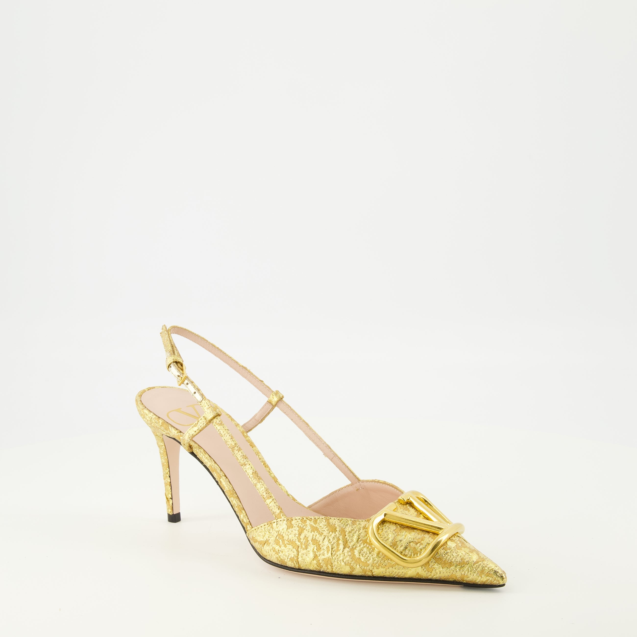 Valentino pumps, gold fabric shoes, Vlogo signature footwear, elegant ankle strap pumps, spring-summer collection