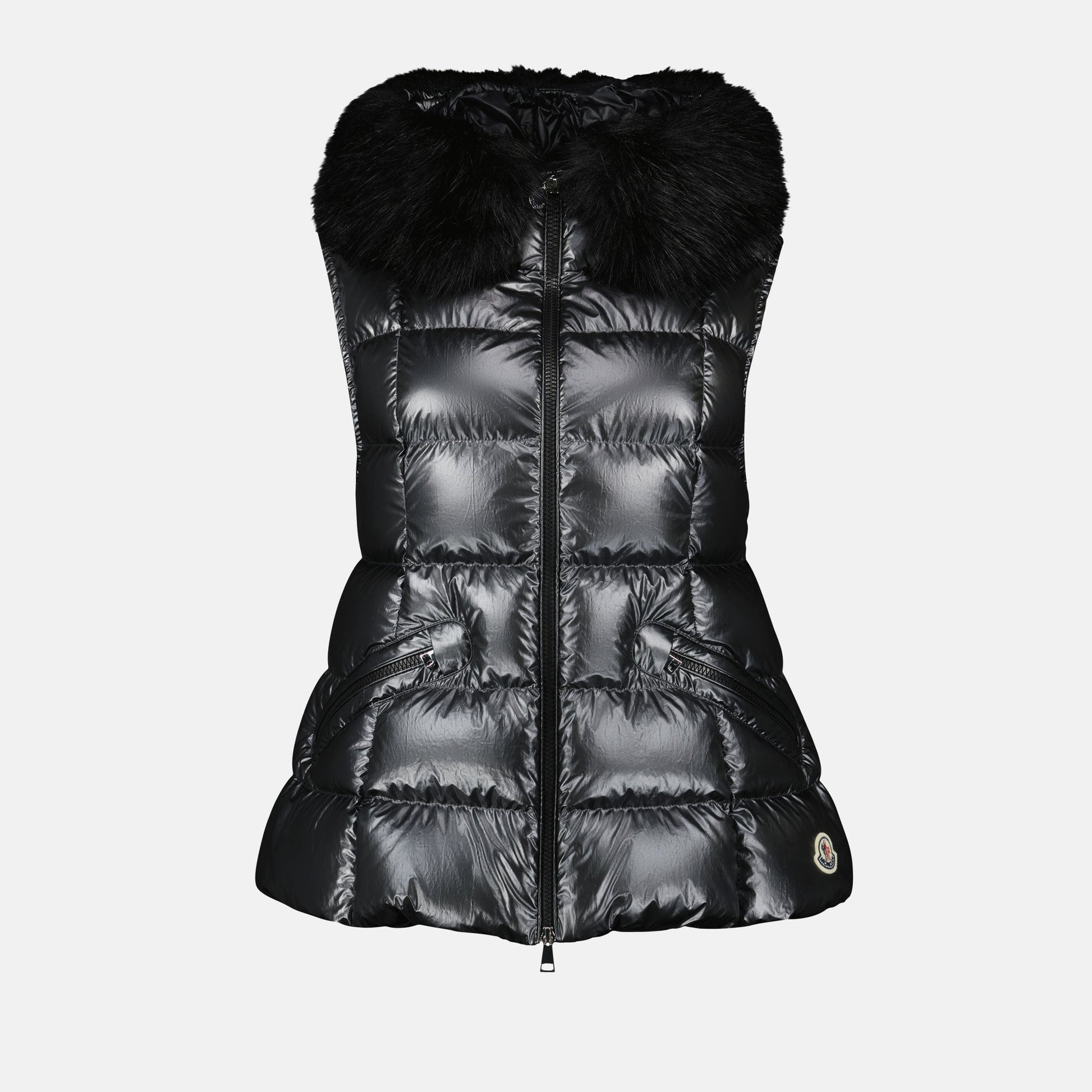 sleeveless down jacket, luxury outerwear, black nylon jacket, Moncler Autumn-Winter 2024, fur collar jacket