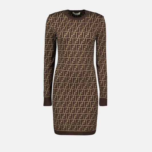 Fendi dress, FF print dress, brown cotton dress, Autumn-Winter fashion, elegant women's dress