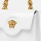 Versace mini bag, white patent leather bag, La Medusa bag, luxury accessories, designer handbag