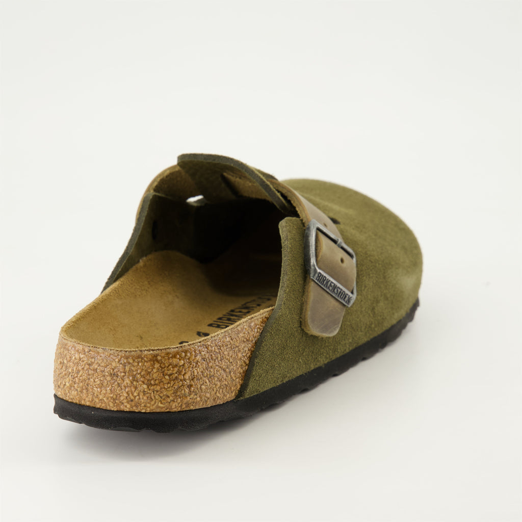 Khaki mules, Boston Mules, Birkenstock footwear, men's shoes, sophisticated comfort