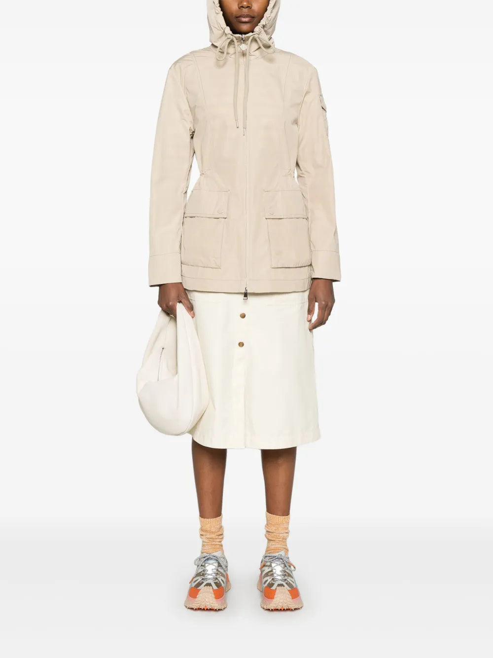 beige skirt, Moncler fashion, midi length skirt, women's wear, technical fabric skirt