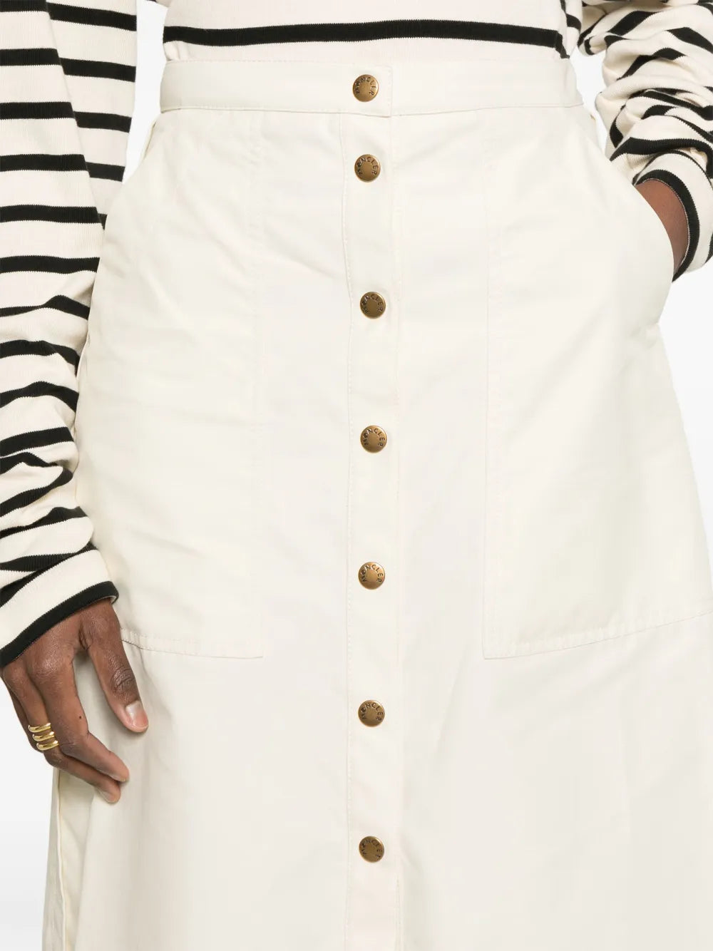 beige skirt, Moncler fashion, midi length skirt, women's wear, technical fabric skirt