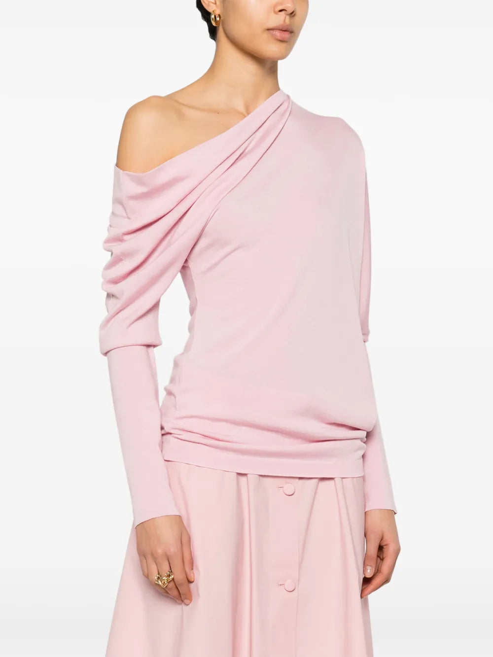 Image of Draped Wool Sweater by Moschino for Women - Season Spring-Summer 2025 - Detail View 1