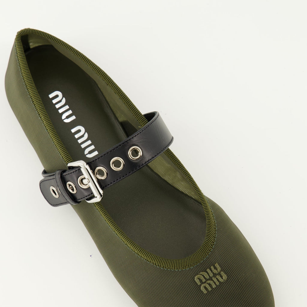 khaki ballerinas, mesh shoes, Miu Miu footwear, comfortable ballerinas, adjustable strap shoes