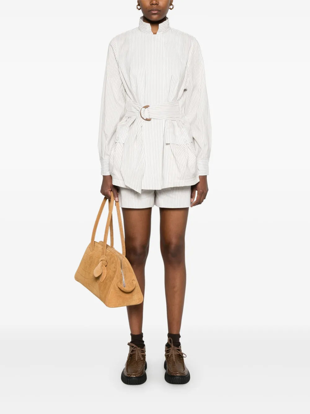 fitted jacket, striped jacket, cotton silk blend, high collar jacket, embroidered logo jacket