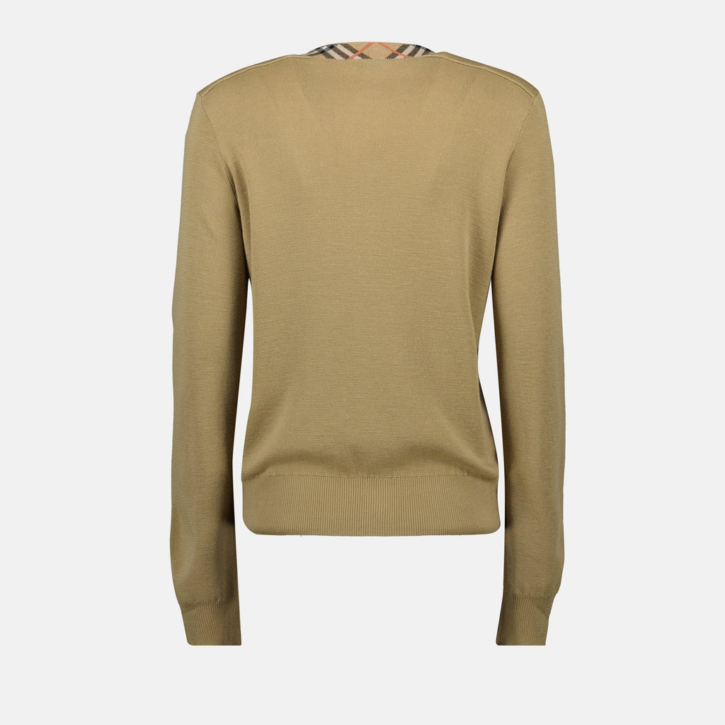 Burberry cardigan, beige wool cardigan, check pattern cardigan, autumn winter fashion, women's knitwear