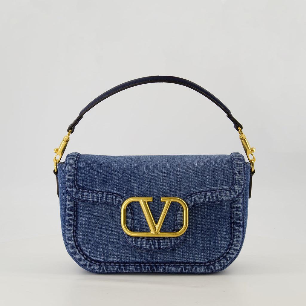 VLogo sac, blue denim bag, Valentino accessory, adjustable strap bag, floral embroidered shoulder bag
