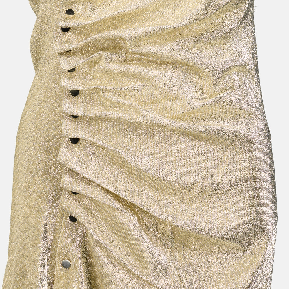 draped gold dress, lurex fashion, Rabanne collection, fall-winter style, elegant women's clothing