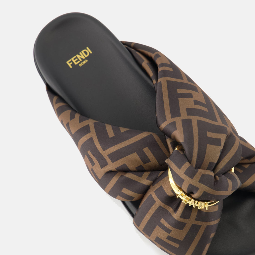 Fendi sandals, brown slip-on sandals, satin sandals, high-end footwear, D-buckle sandals