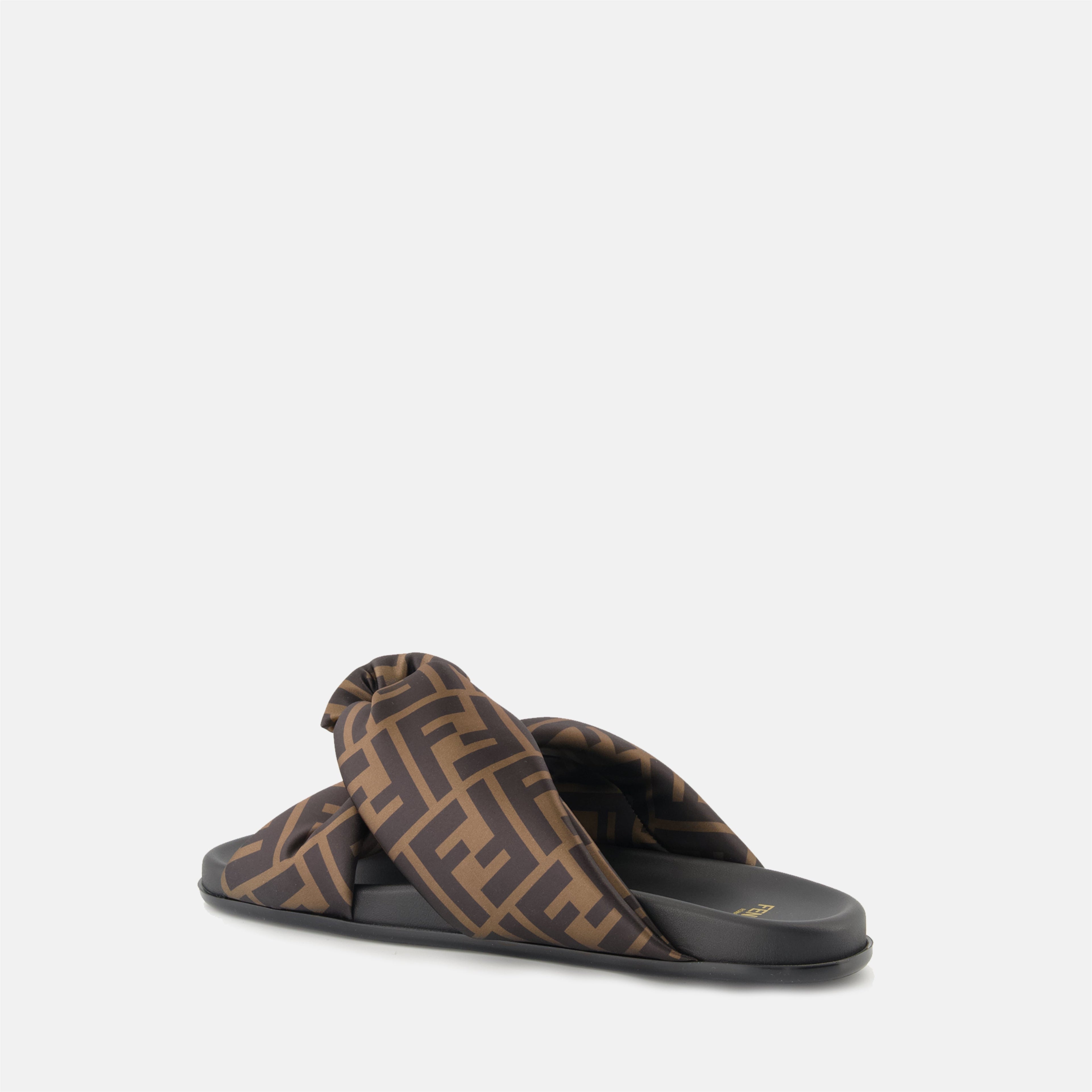 Fendi sandals, brown slip-on sandals, satin sandals, high-end footwear, D-buckle sandals