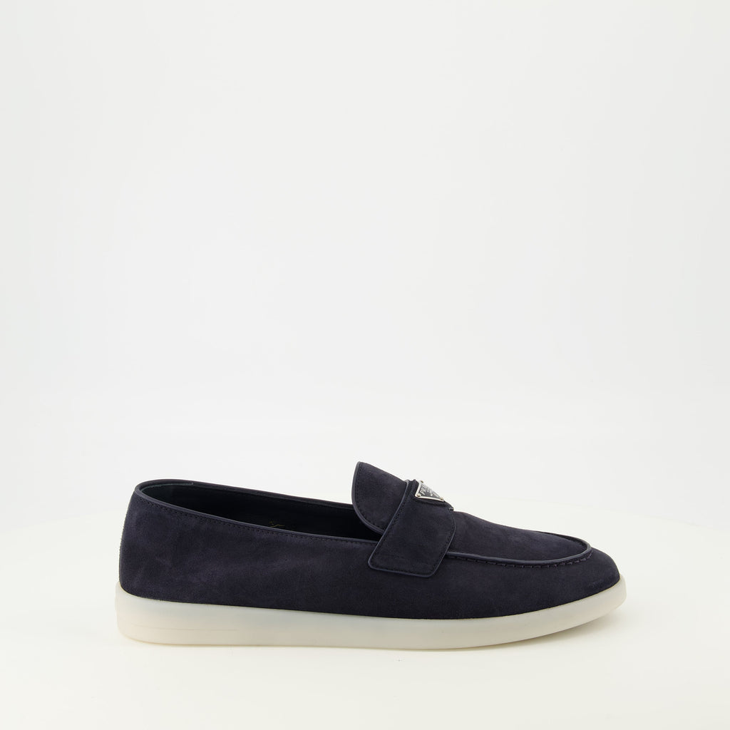 Prada loafers, navy blue suede shoes, slip-on footwear, triangle logo, men's designer shoes