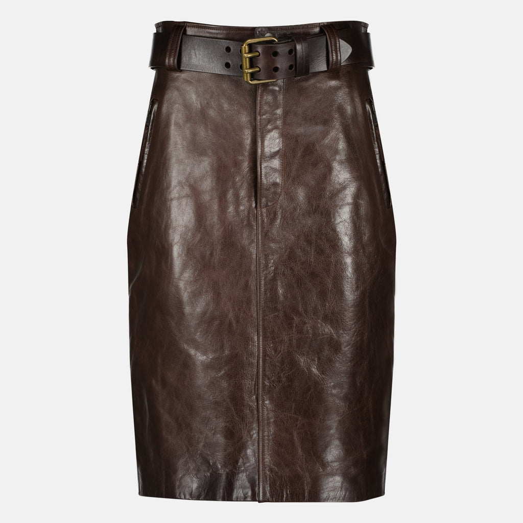 Imagem da saia de couro Crayon da Saint Laurent para mulheres - Temporada Primavera-Verão 2026 - Vista frontal