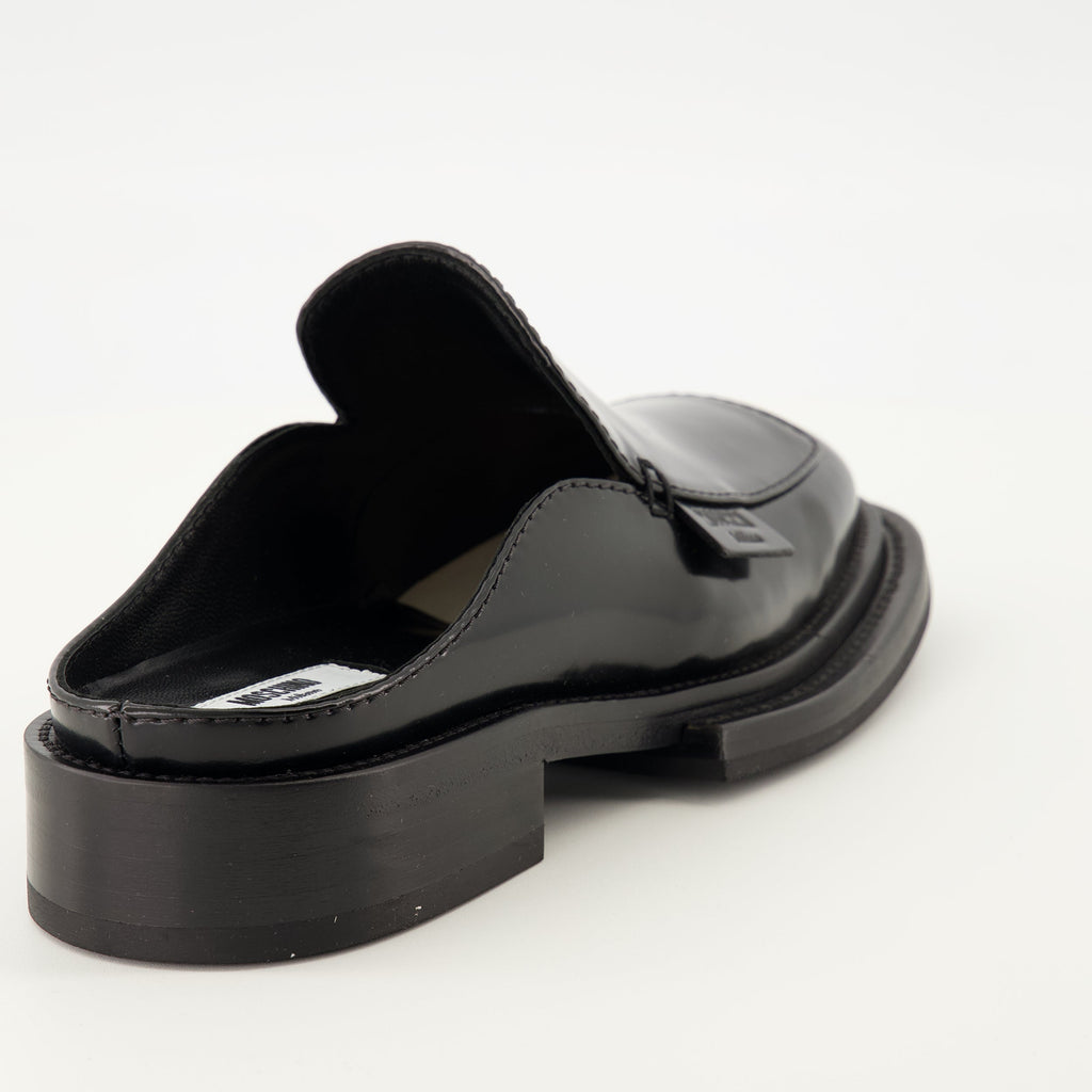 Moschino mules, patent leather footwear, black mules, comfortable slip-on shoes, women's designer shoes