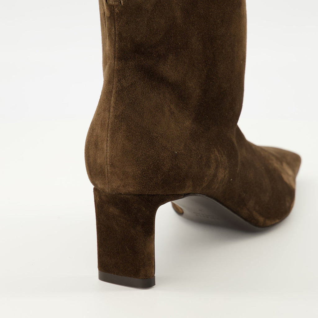 Khaite boots, brown ankle boots, calfskin leather footwear, square toe design boots, luxury ankle boots