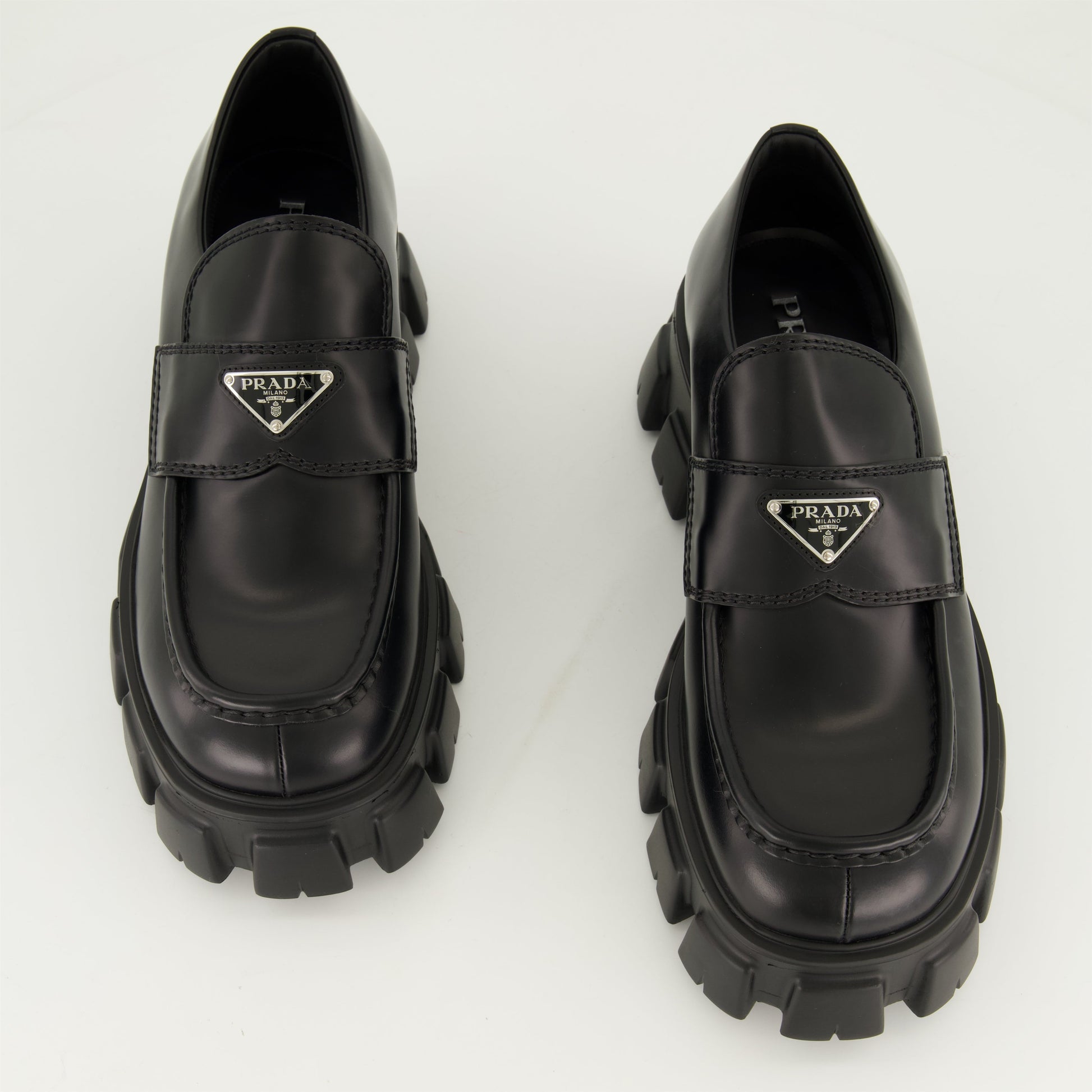 Black Leather Moccasins, Chunky Sole Shoes, Rubber Sole Footwear, Enamelled Logo Moccasins, Autumn-Winter 2024 Shoes