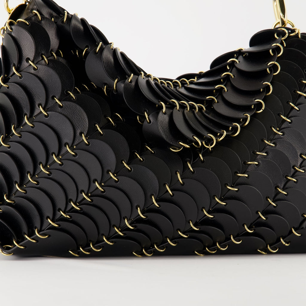 black leather bag, Paco bag, designer accessory, modern handbag, elegant purse