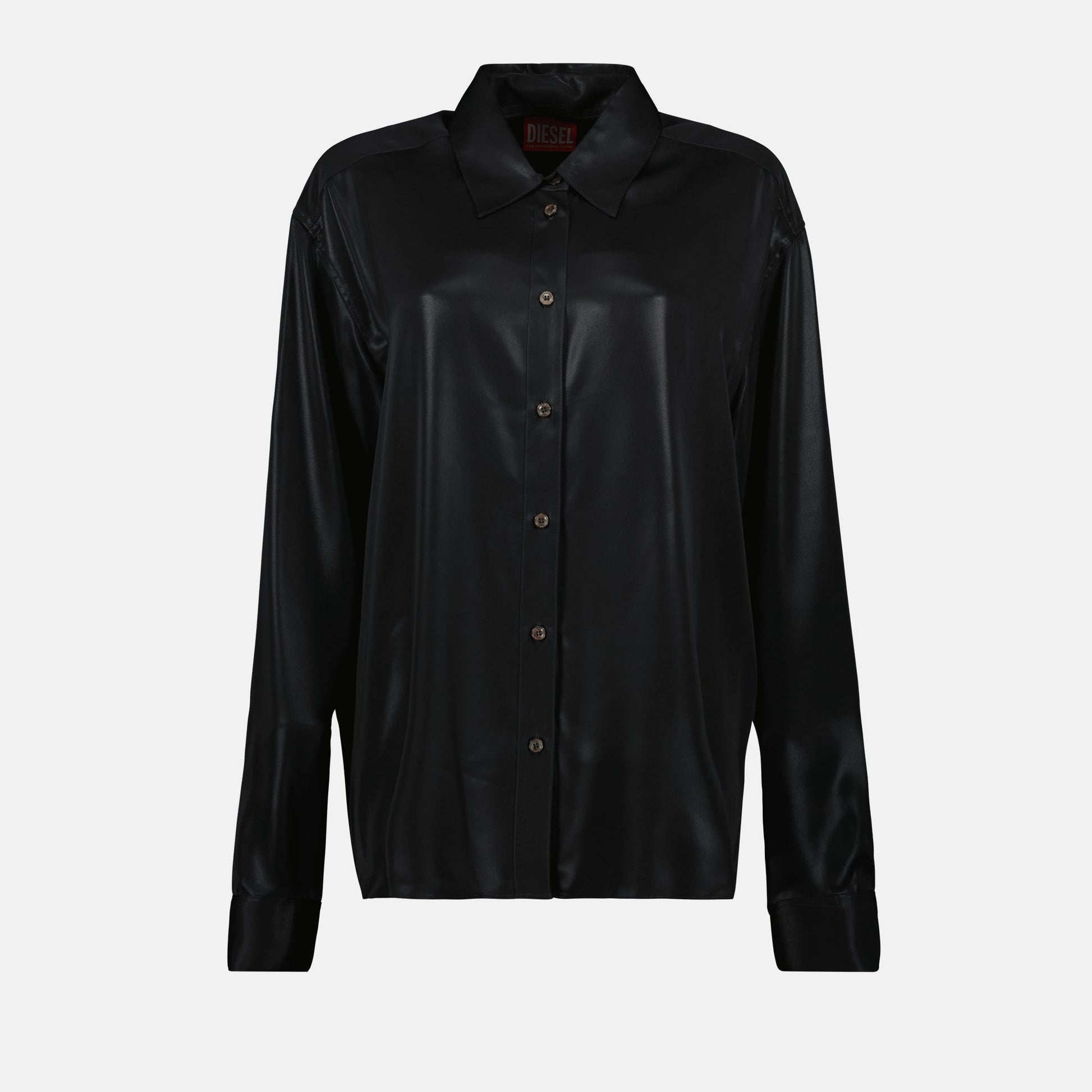 laminated shirt, Diesel black shirt, classic collar shirt, metallic finish shirt, women's casual shirt