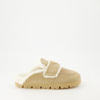 luxury mules, shearling mules, Prada footwear, Autumn-Winter shoes, beige mules