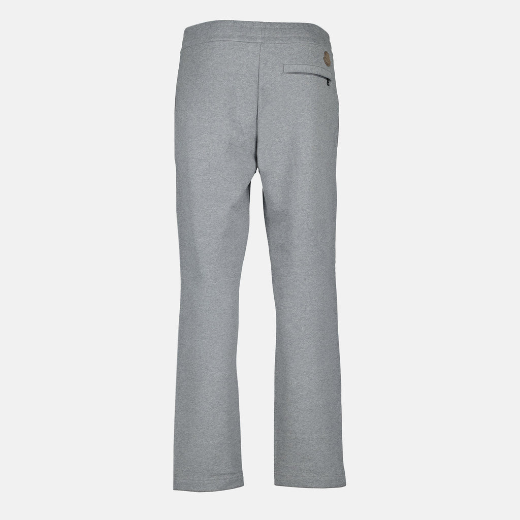 Moncler jogging bottoms, gray athletic wear, cotton fleece joggers, leather detail pants, casual stylish trousers