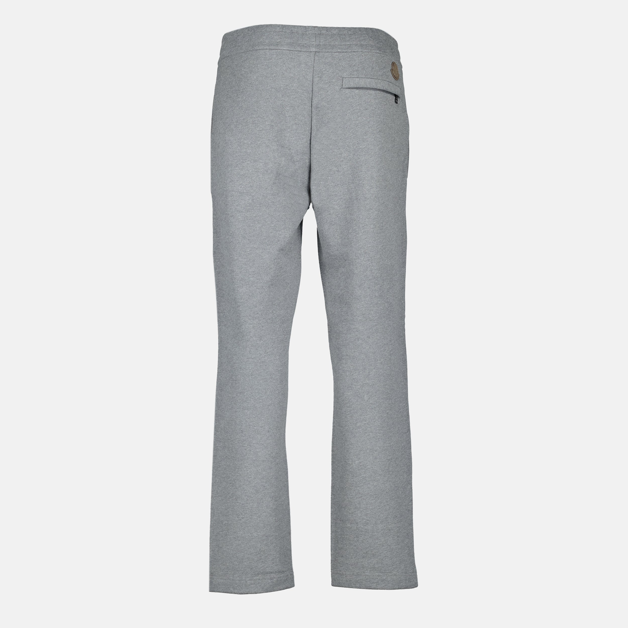 Moncler jogging bottoms, gray athletic wear, cotton fleece joggers, leather detail pants, casual stylish trousers