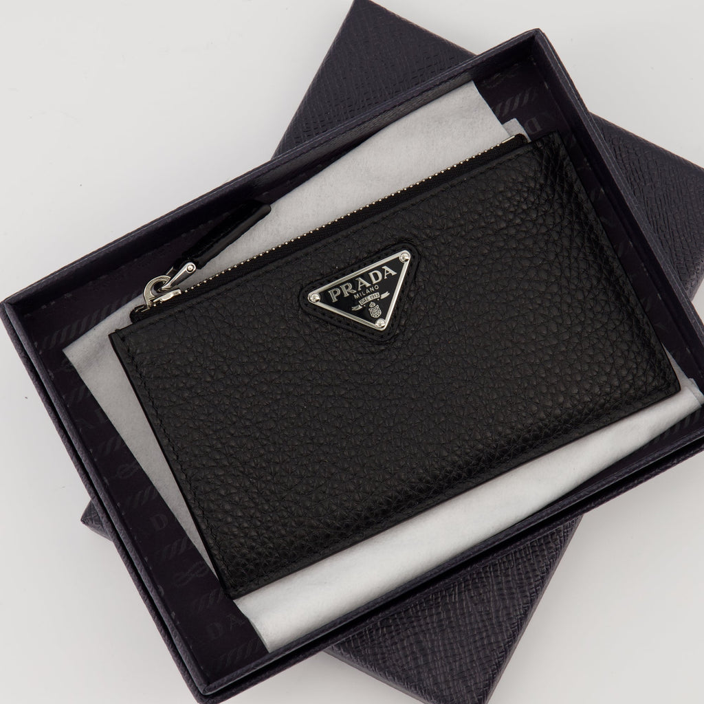 Prada card holder, black leather accessory, grained calf leather, zippered wallet, men's accessories