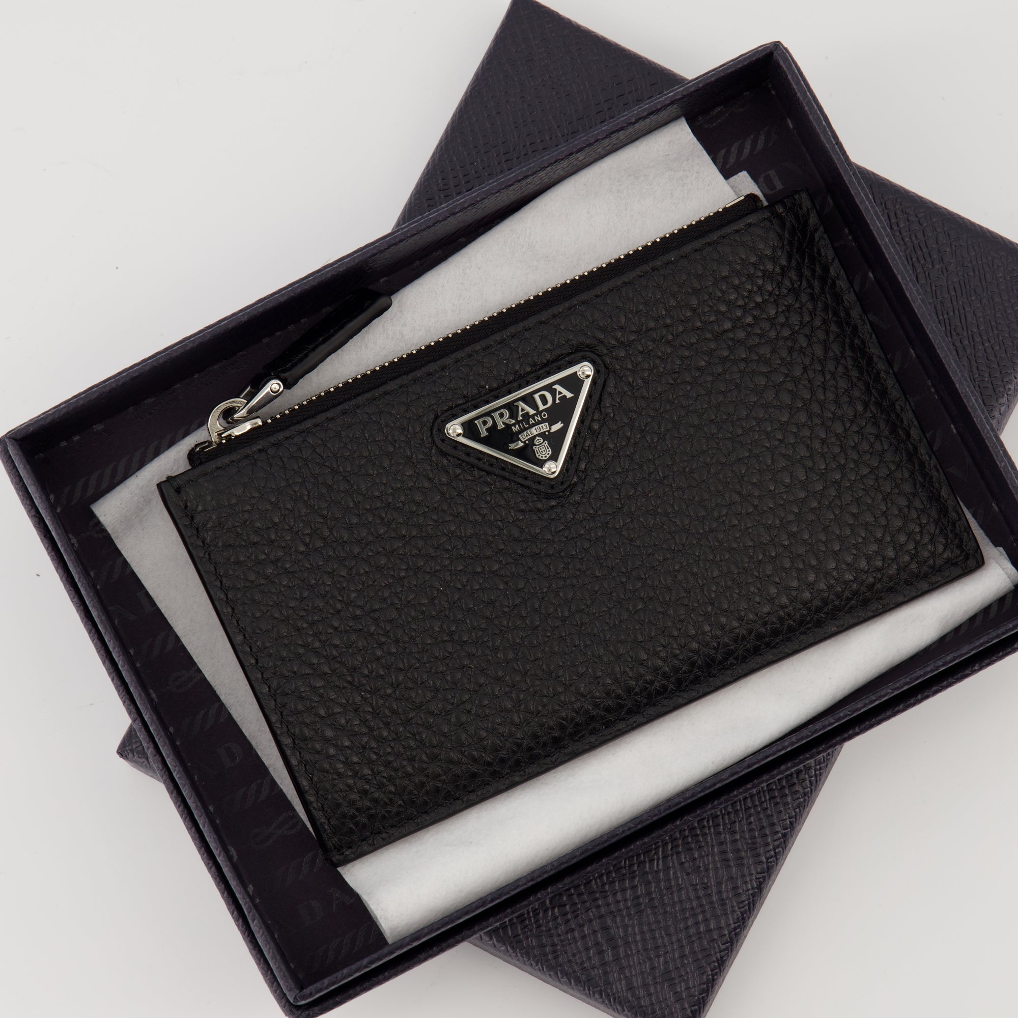 Prada card holder, black leather accessory, grained calf leather, zippered wallet, men's accessories