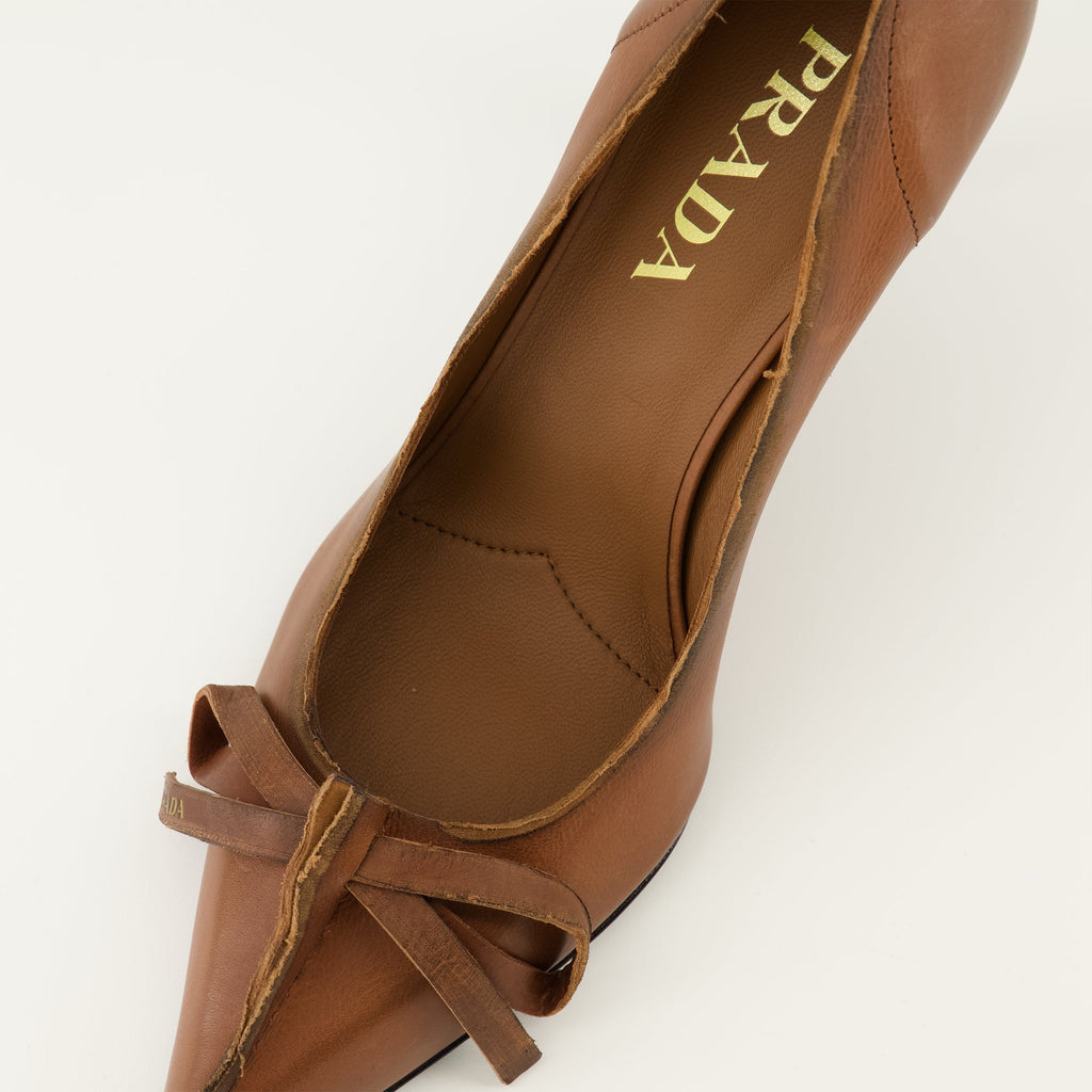 Prada, Brown Leather Pumps, Slip-On Shoes, Elegant Footwear, Leather Sole