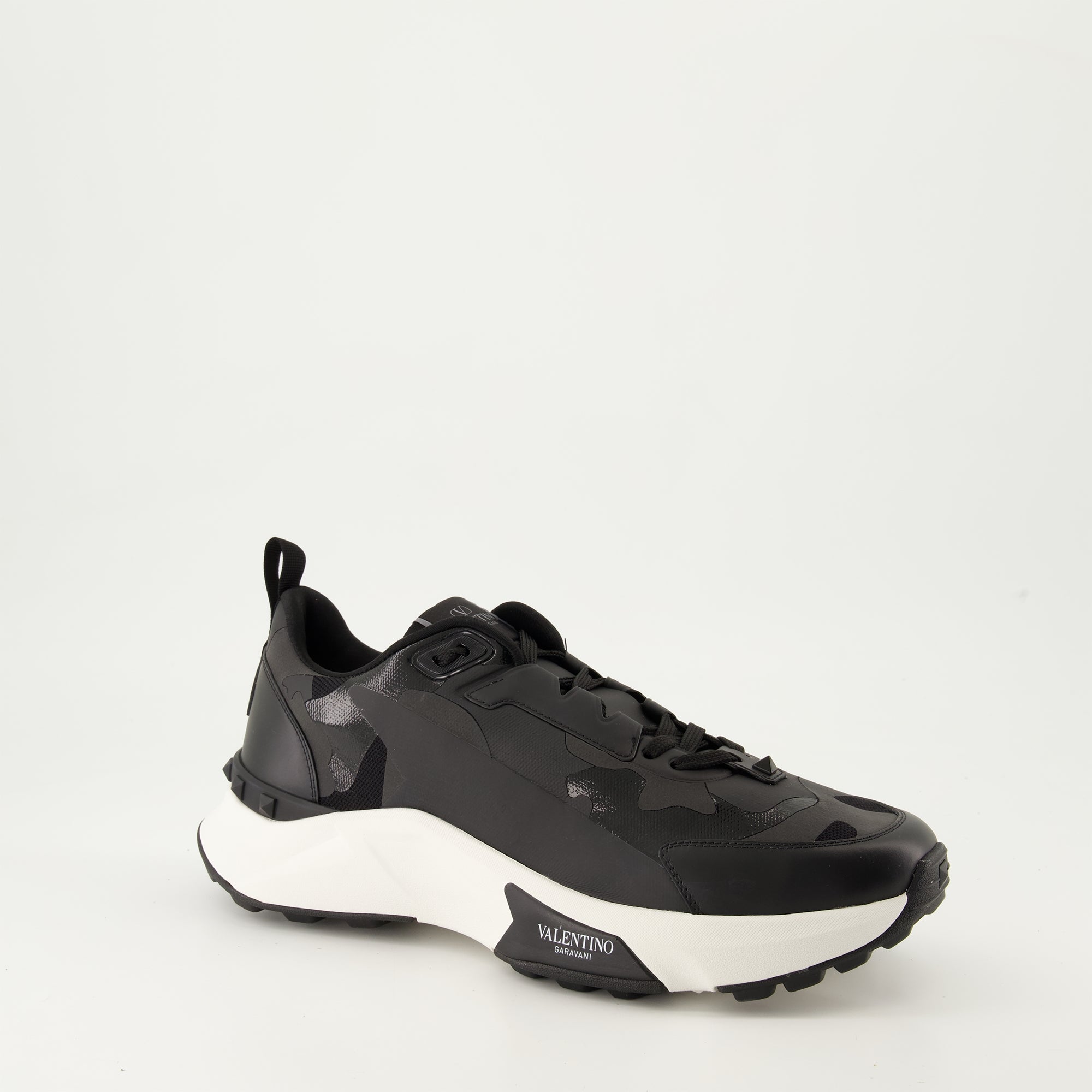 Black Camouflage Sneakers, Technical Fabric Sneakers, Leather Footwear, Rugged Rubber Sole, Contemporary Style