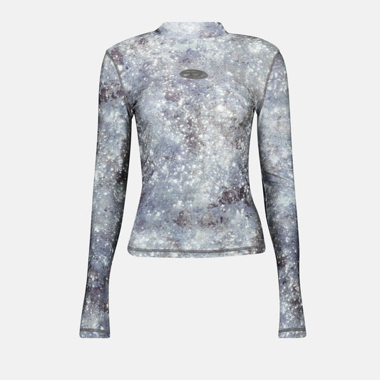 T-Akara top, galaxy print top, Diesel spring collection, slim fit top, high neck top